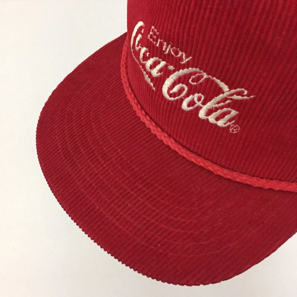 Vtg Enjoy Coca Cola Corduroy Hat Logo Coke Soda Snap Back Baseball Trucker Cap - Picture 3 of 9